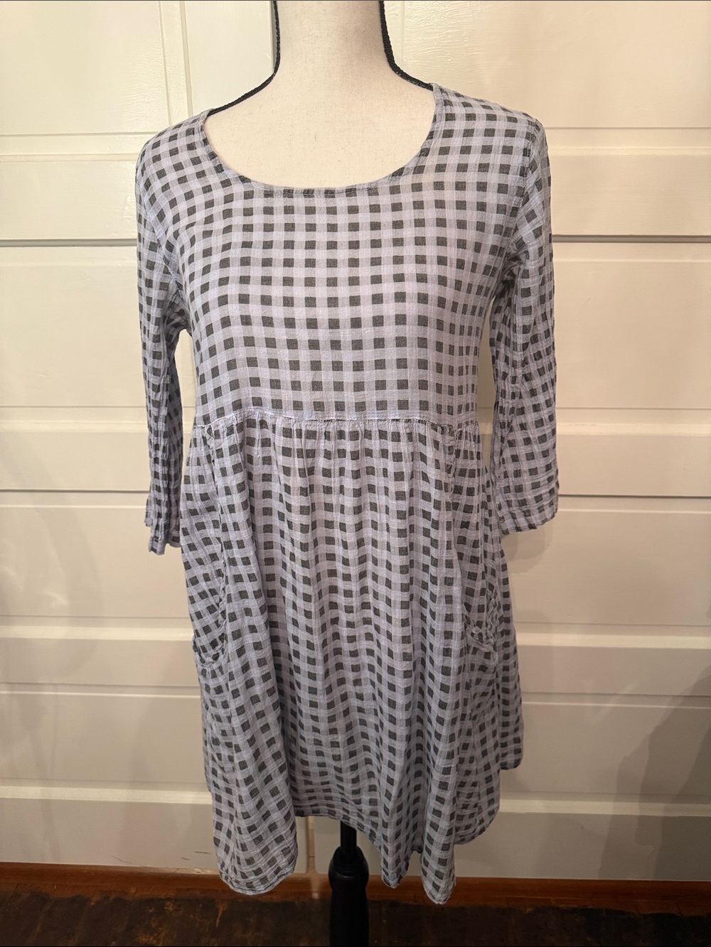 C.M.C. Cotton Gauze Gingham Babydoll Tunic Dress Pockets USA XS